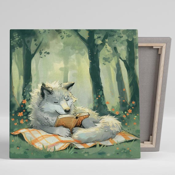 Wolfs Forest Retreat Art Or Poster Whimsical Nature Animal Decor Childrens Room Bedroom Library Wall Art Green Orange Grey