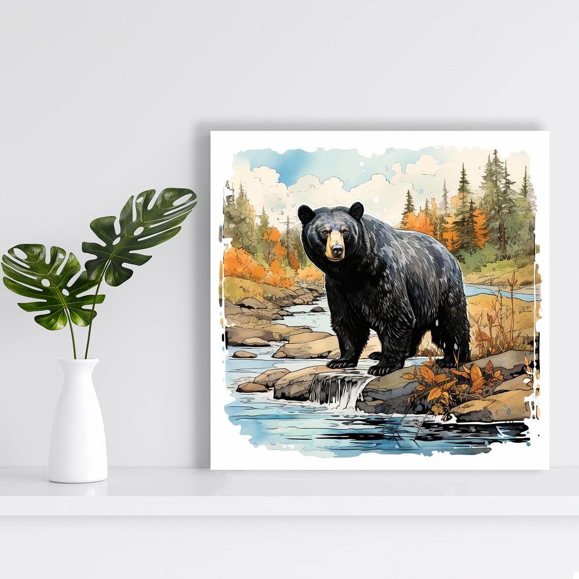 Black Bear Standing by River in Autumn Forest Wildlife Nature Poster - Image 2