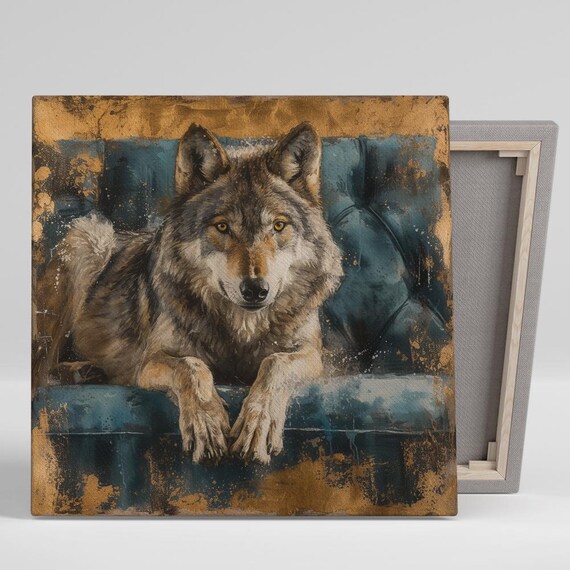Wolf Resting On Teal Velvet Couch Gold Bohemian Lounge Art Poster