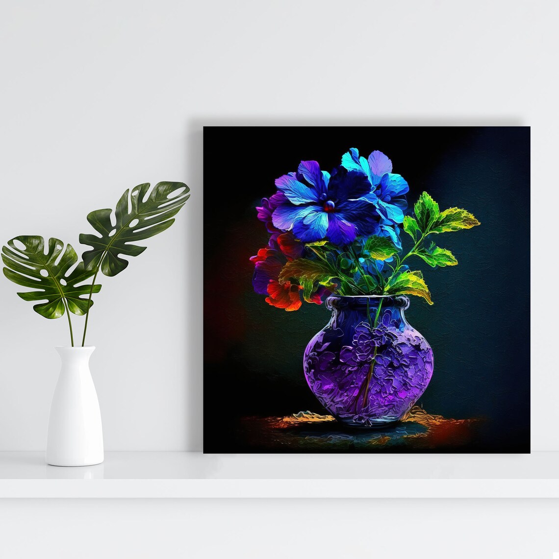 Blue Purple Flower Bouquet In Purple Vase Black Neon Glow Art Poster - Image 3