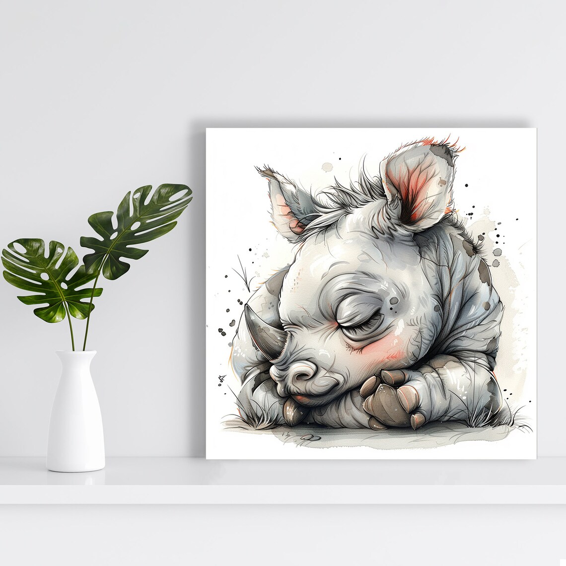 Sleepy Baby Rhino Watercolor Sketch Peaceful Nursery Animal Wall Poster - Image 2
