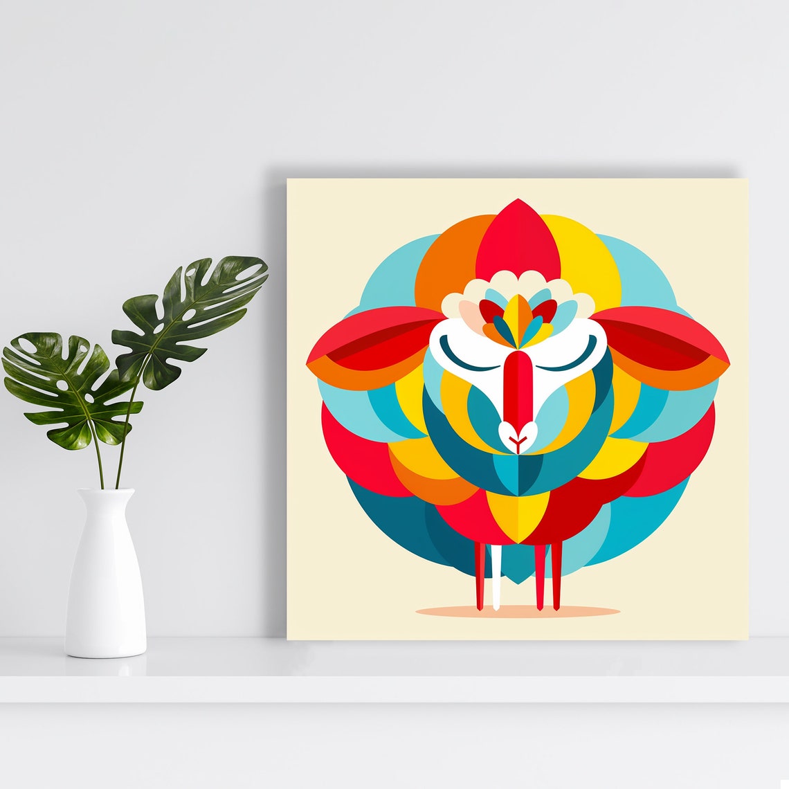 Geometric Sheep Mandala Art Red Yellow Teal Modern Animal Poster - Image 2