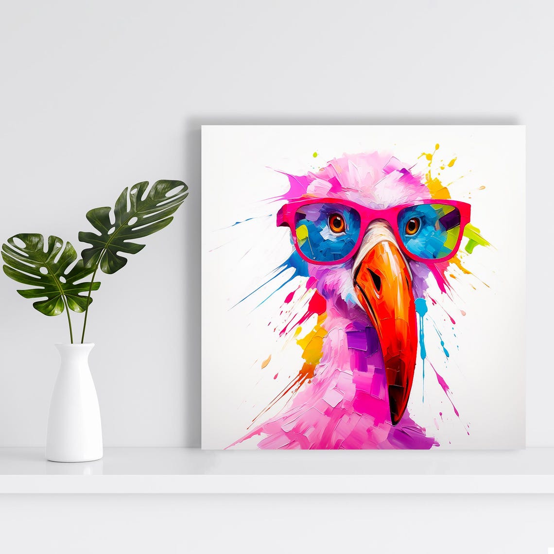 Pink Flamingo Wearing Neon Sunglasses Splash Art Whimsical Poster - Image 2