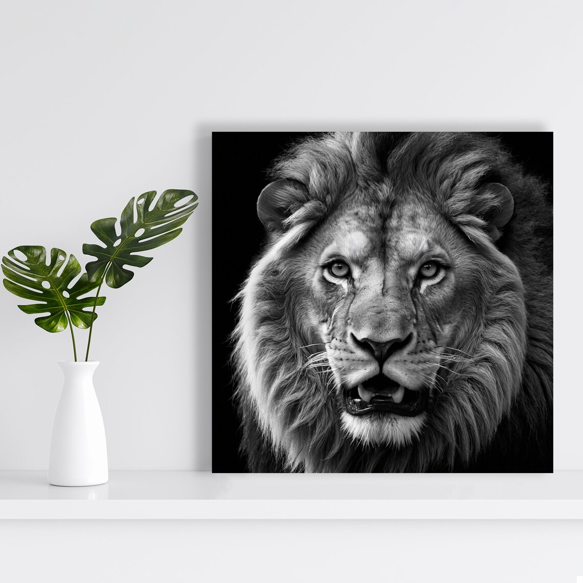 Majestic Lion Black White Monochrome Face Close Up Powerful Animal Art - Image 2
