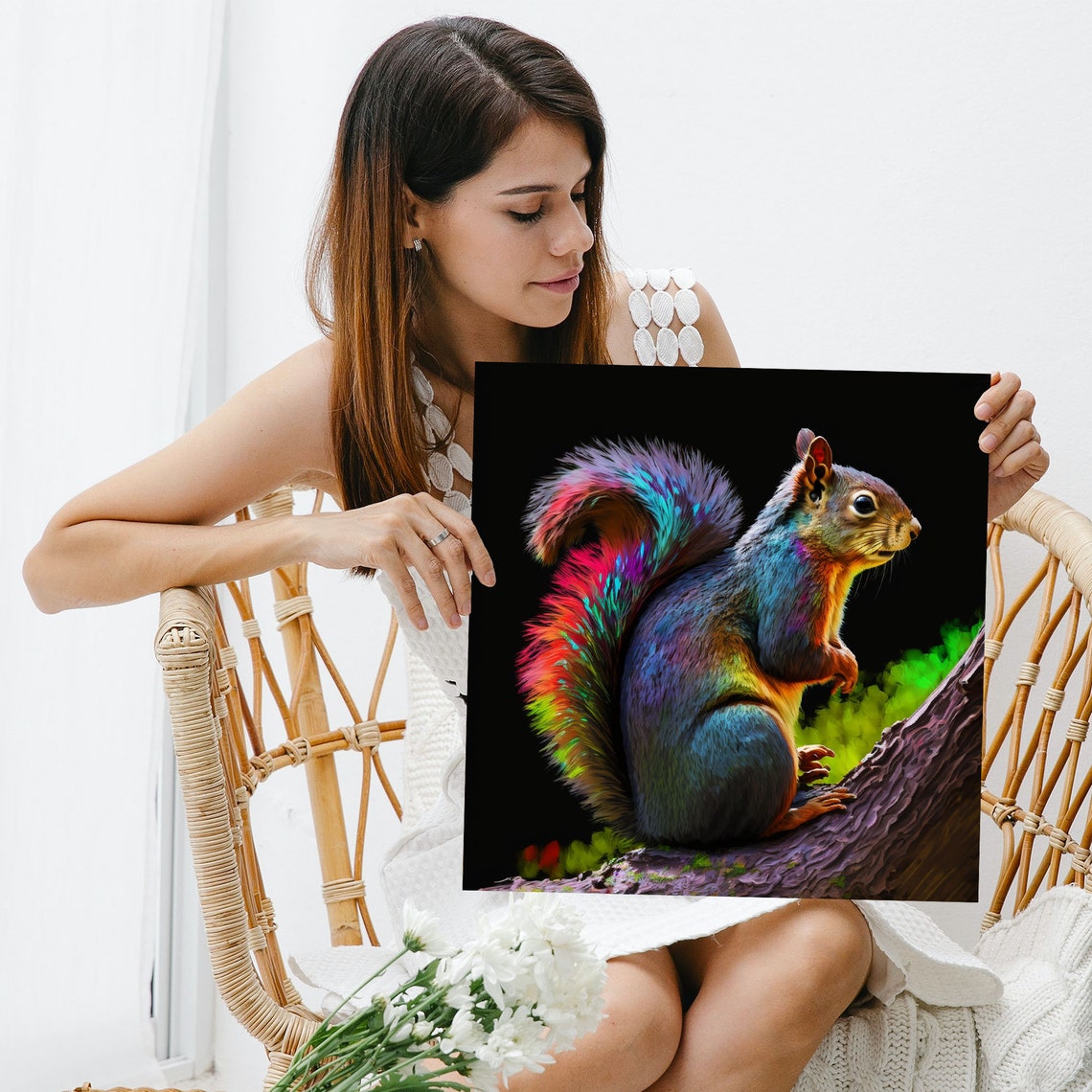 Neon Rainbow Squirrel Branch Perched Colorful Wildlife Wall Poster - Image 3