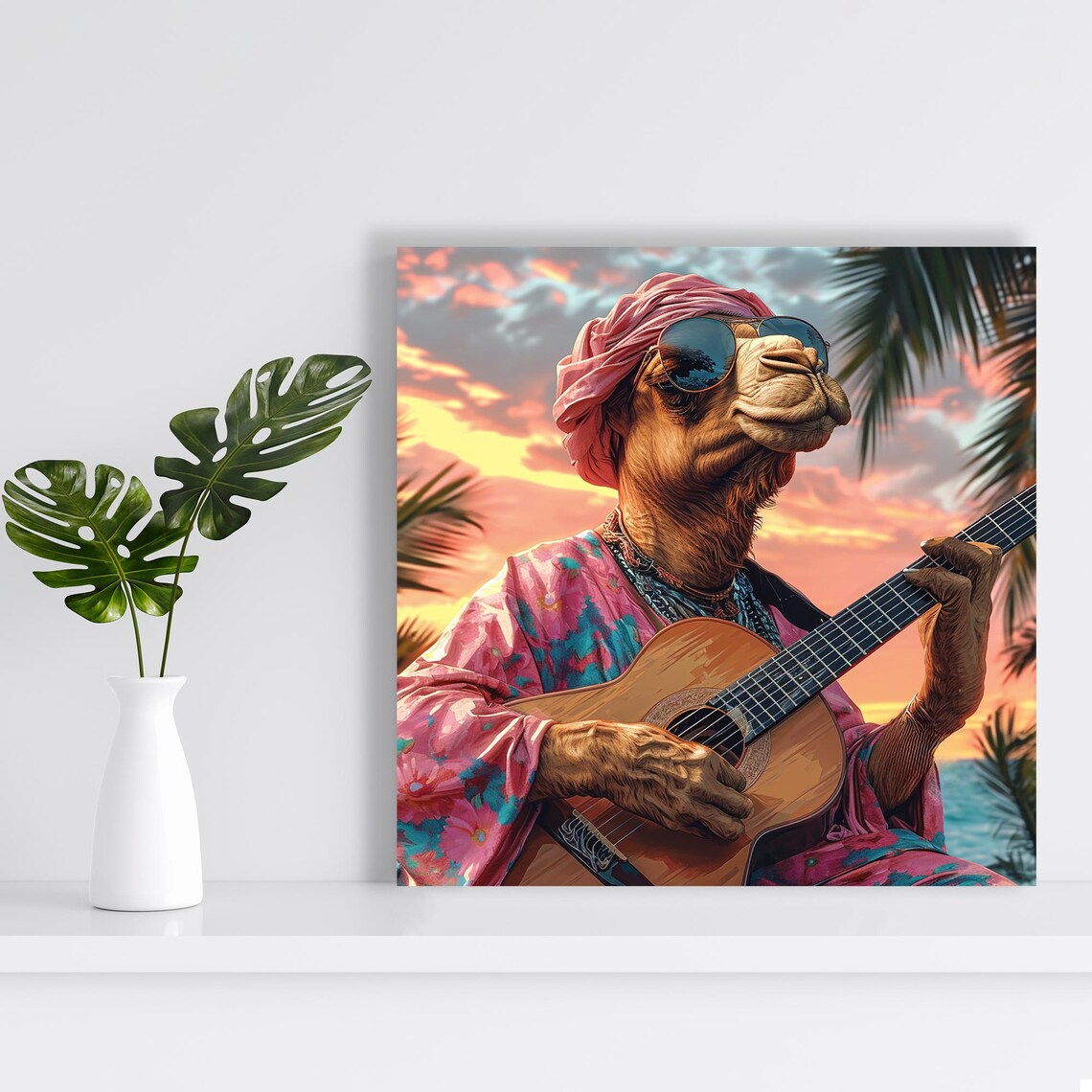 Camel Playing Guitar at Tropical Sunset Beach Musician Animal Poster - Image 2