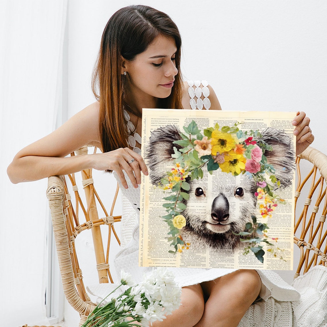 Gentle Koala With Floral Crown on Vintage Newspaper Collage Poster - Image 3