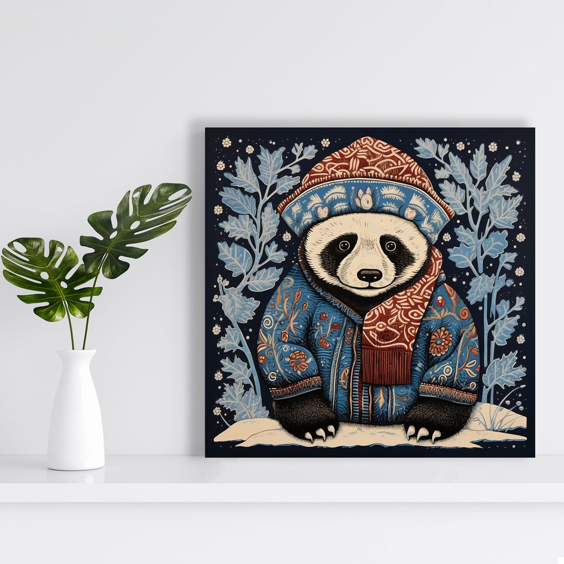 Cozy Winter Panda Folk Costume Snowy Blue Christmas Art Poster - Image 2