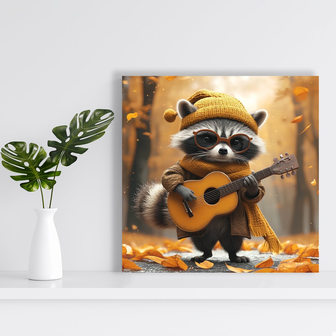 Guitar Raccoon Yellow Knit Hat Autumn Leaves Cute Musician Wall Art - Image 2