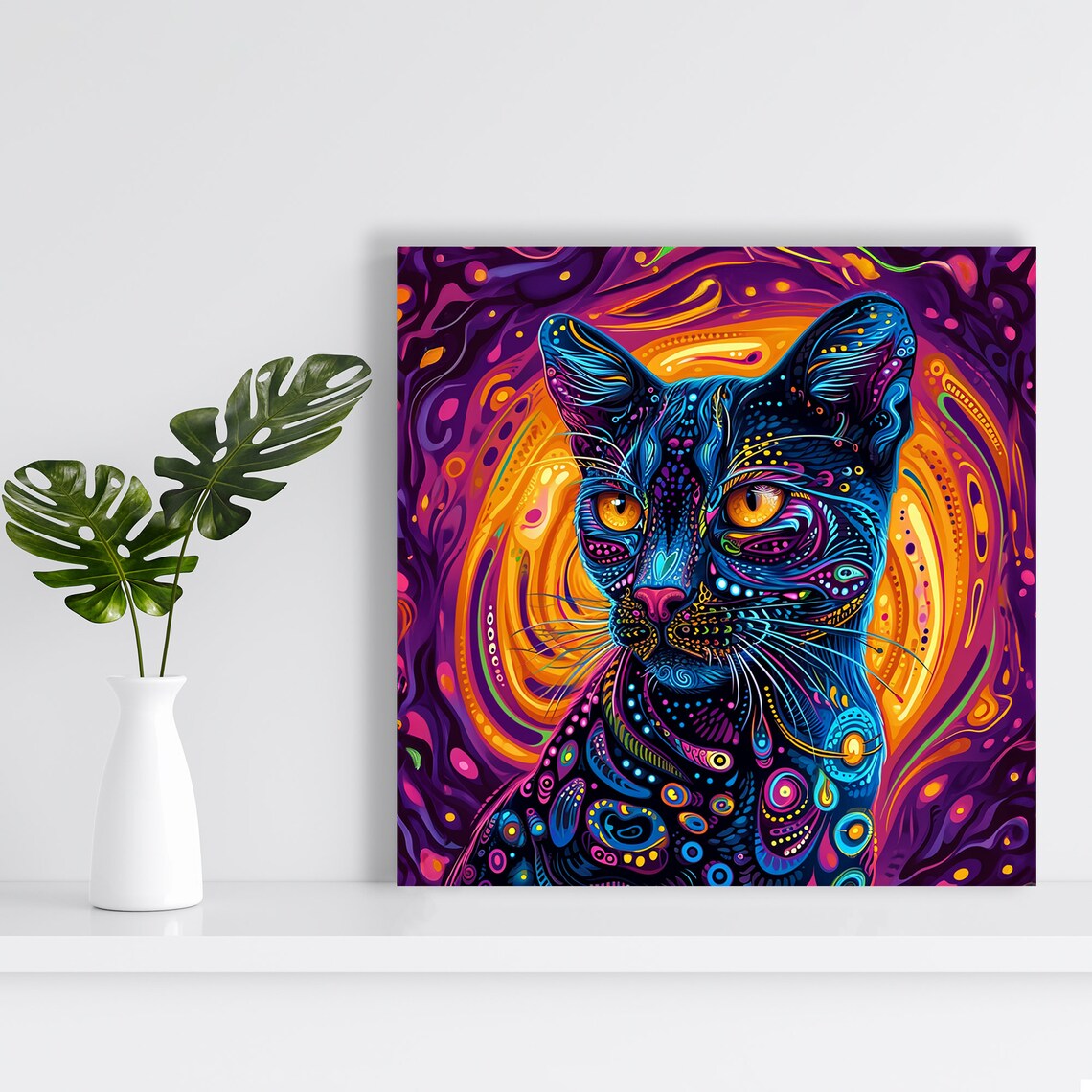 Neon Psychedelic Cat Poster Paisley Dot Pattern Purple Cosmic Art Wall Print - Image 2