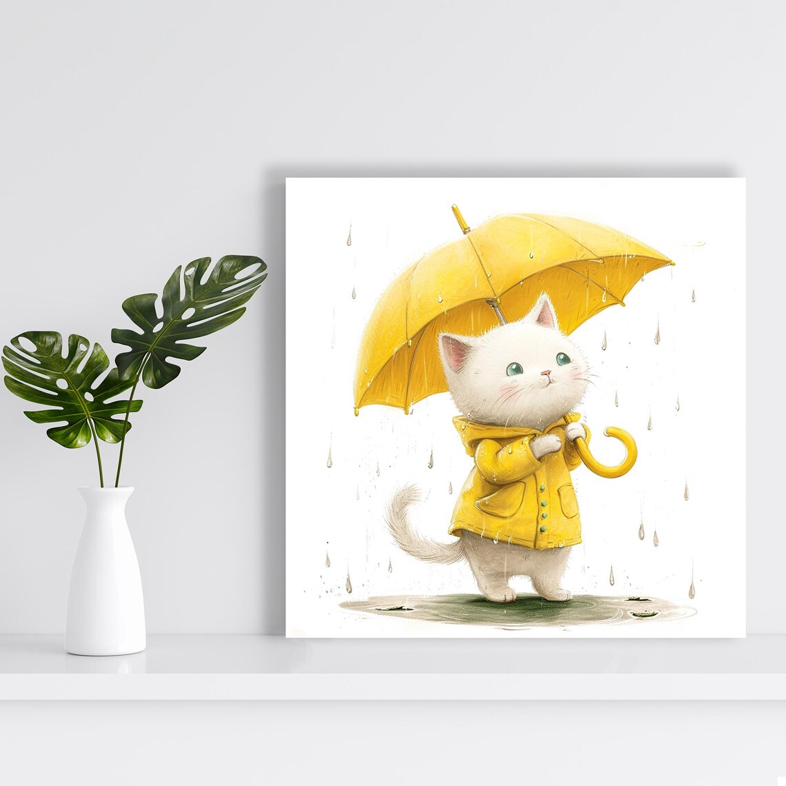 Adorable Kitten Yellow Umbrella Raincoat Rainy Day Whimsical Cat Wall Art Print - Image 2
