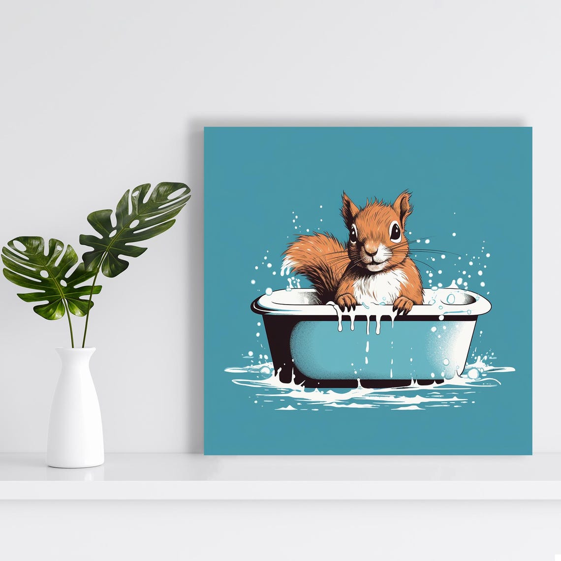 Cute Squirrel Splashing In Bubble Bath Teal Bathroom Wall Poster - Image 2
