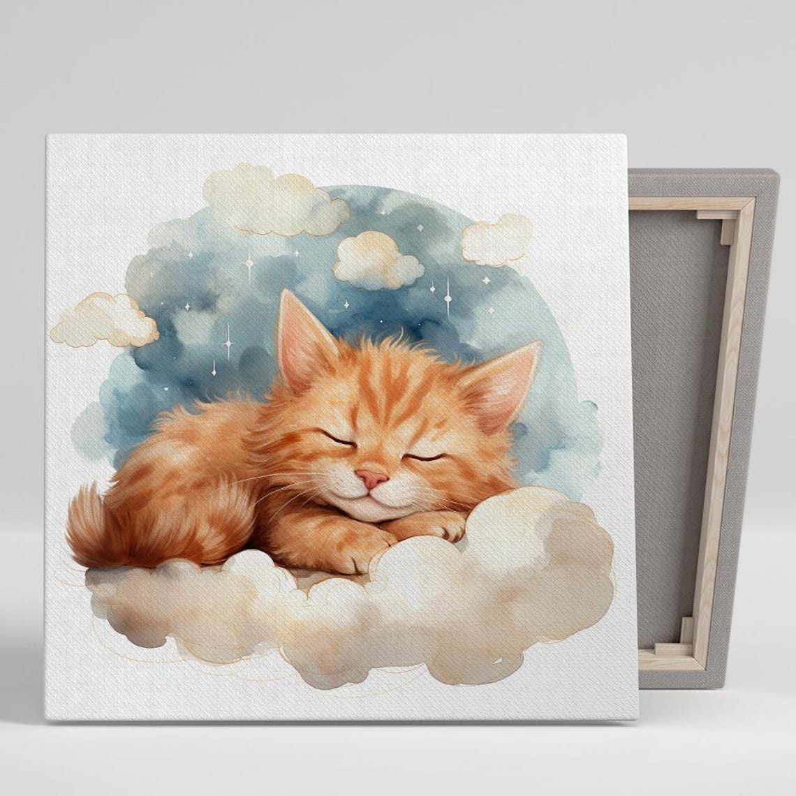 Sleeping Orange Kitten On Cloud Watercolor Dreamy Nursery Wall Art