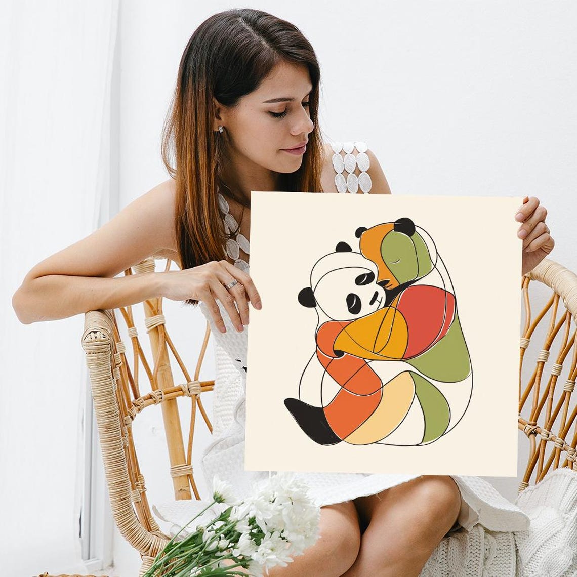 Two Pandas Hugging Colorful Minimalist Line Art Nursery Poster - Image 3
