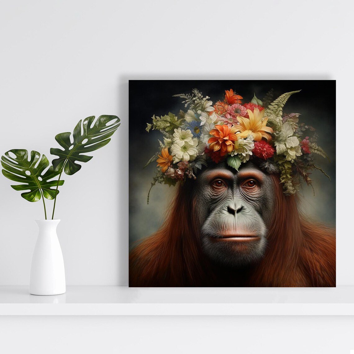 Orangutan Floral Crown Moody Wildlife Portrait Animal Art Poster - Image 2