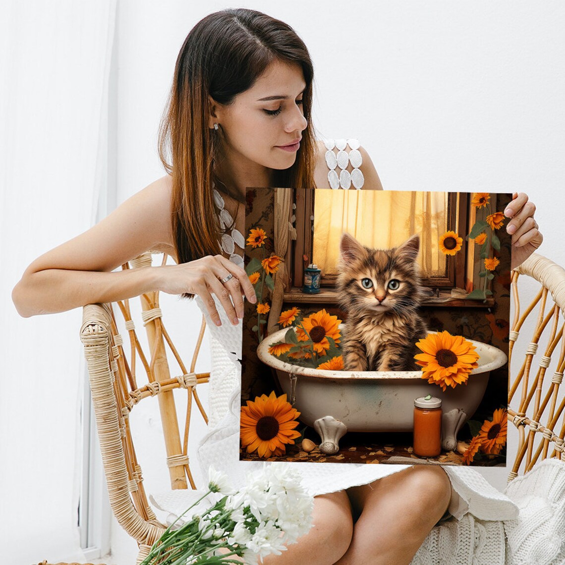 Fluffy Kitten in Vintage Bathtub with Sunflowers Rustic Farmhouse Poster - Image 3