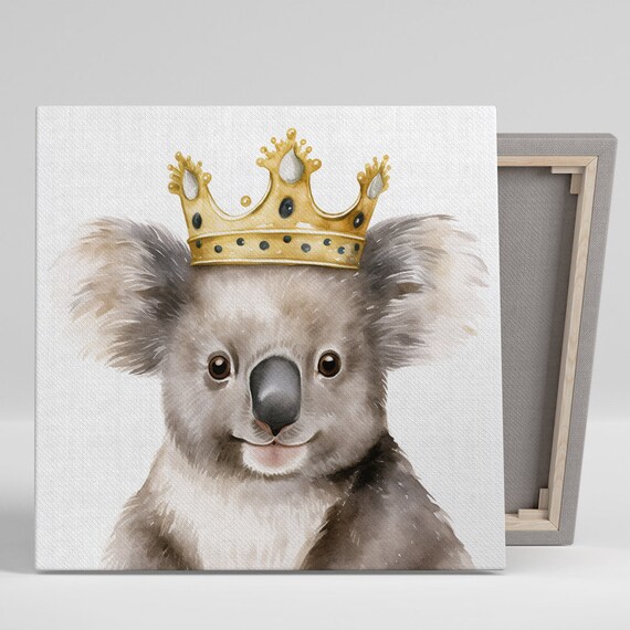 Koala Wearing Golden Crown Royal Watercolor Portrait Nursery Poster