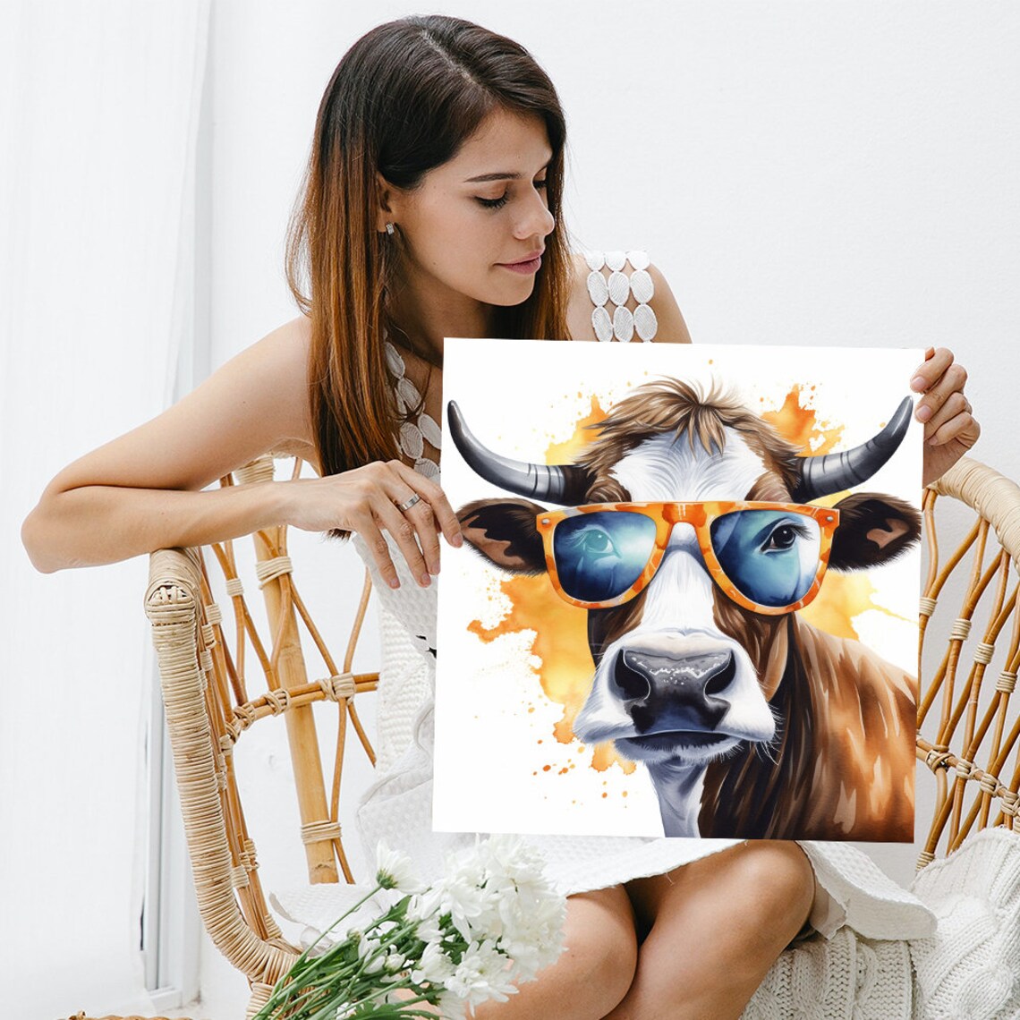 Cow Wearing Orange Sunglasses Fun Watercolor Pop Animal Poster - Image 3