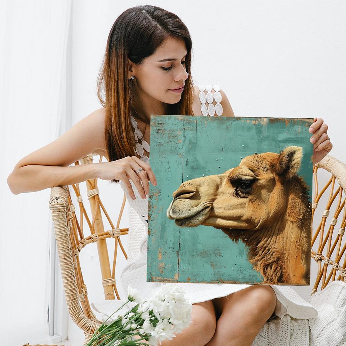Camel Profile Portrait Rustic Turquoise Distressed Wood Animal Poster - Image 3