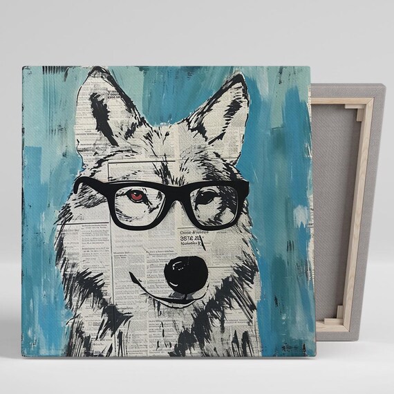 Hipster Wolf Wearing Glasses Newspaper Texture Blue Street Pop Art Poster