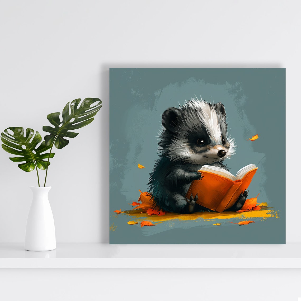 Baby Badger Reading Orange Book Autumn Leaves Cozy Nursery Poster - Image 2