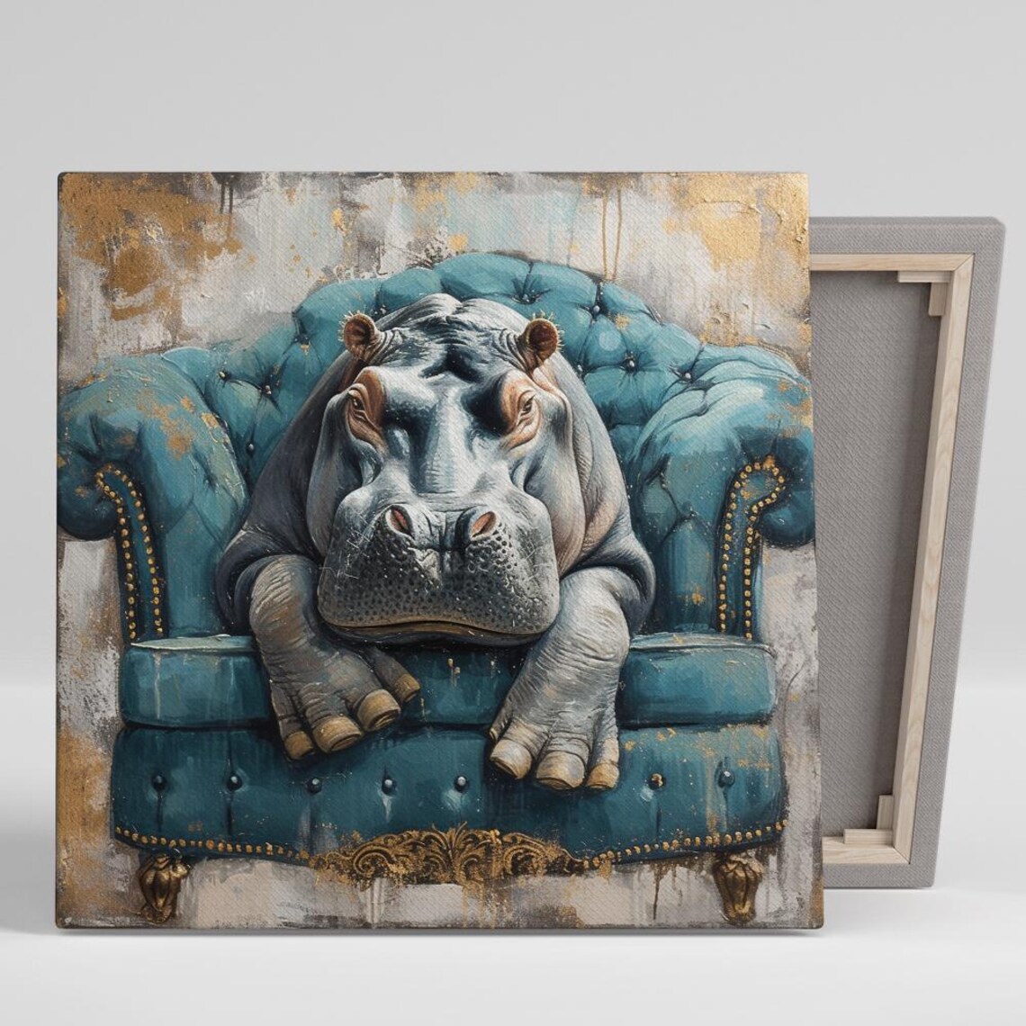 Regal Hippo Relaxation, Whimsical Glam Art Print