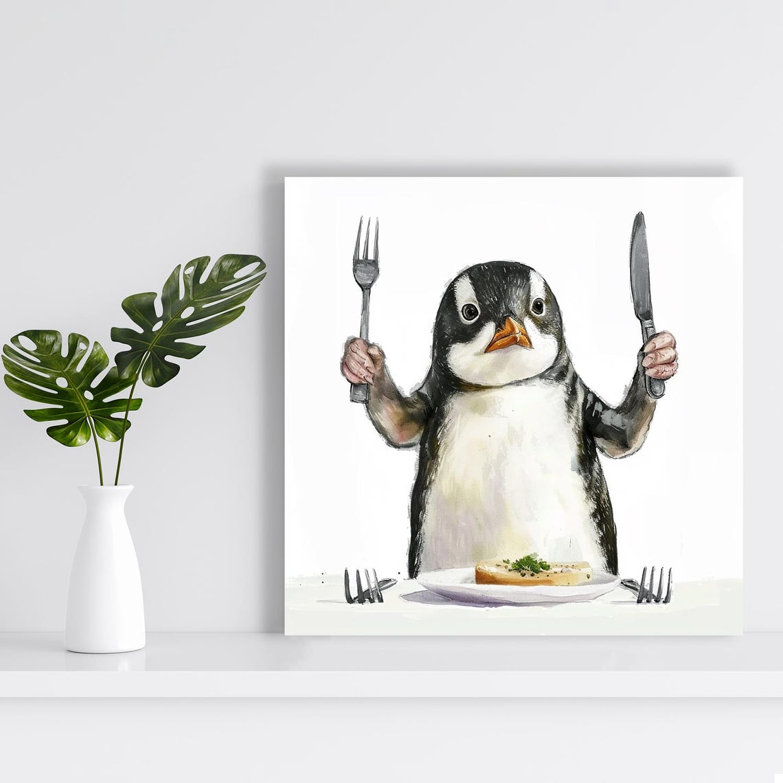 Hungry Penguin Fork Knife Fish Dinner Funny Watercolor Animal Poster - Image 2