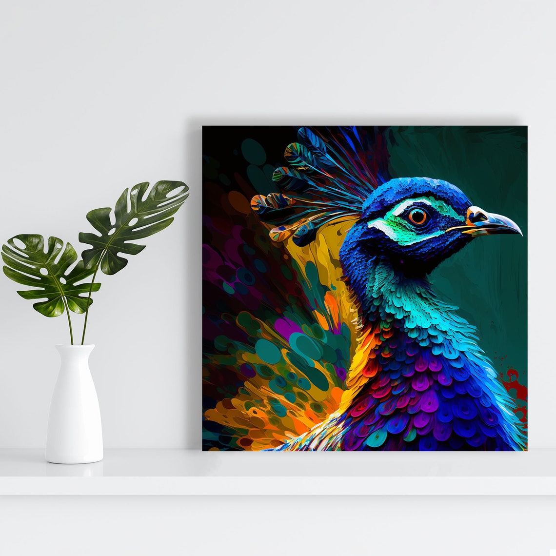 Peacock Head Portrait Dark Emerald Gold Painterly Bird Art Poster - Image 2