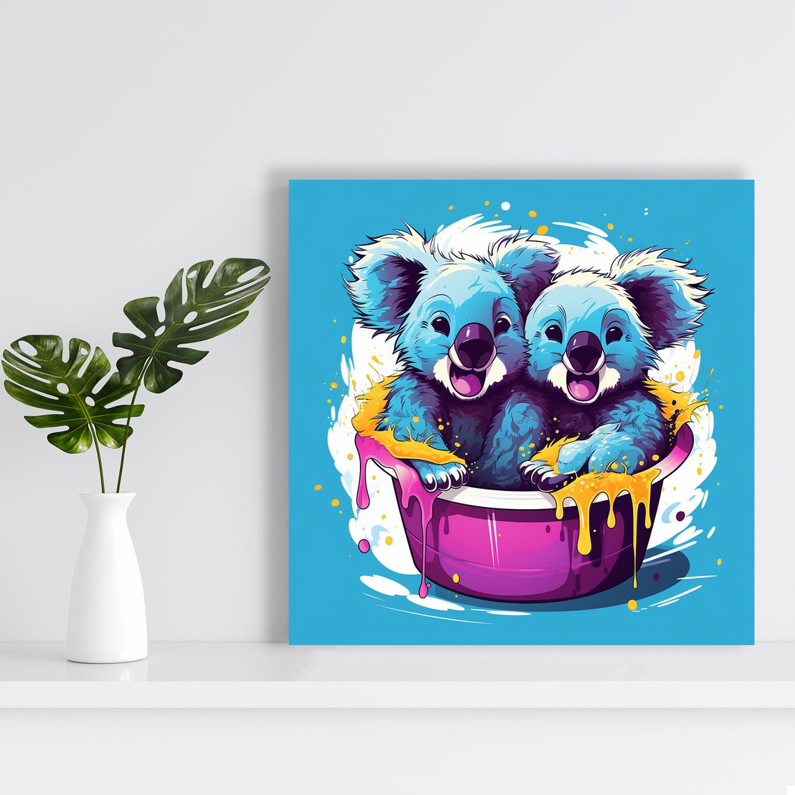 Two Playful Blue Koalas in Paint Bowl Splashing Pop Art Poster - Image 2