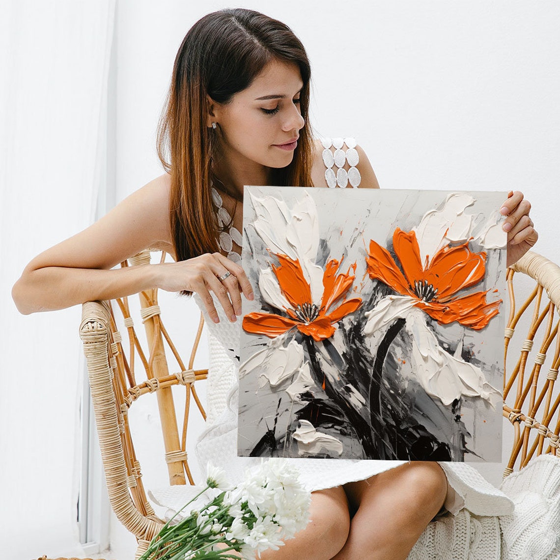 Orange White Poppy Flowers Impasto Abstract Modern Art Wall Poster - Image 3