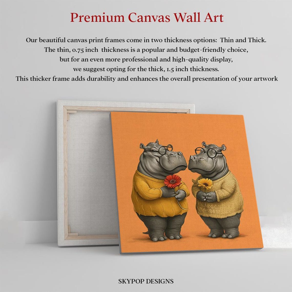 Sweet Hippos in Sweaters Glasses Flowers Cute Orange Animal Poster - Image 3