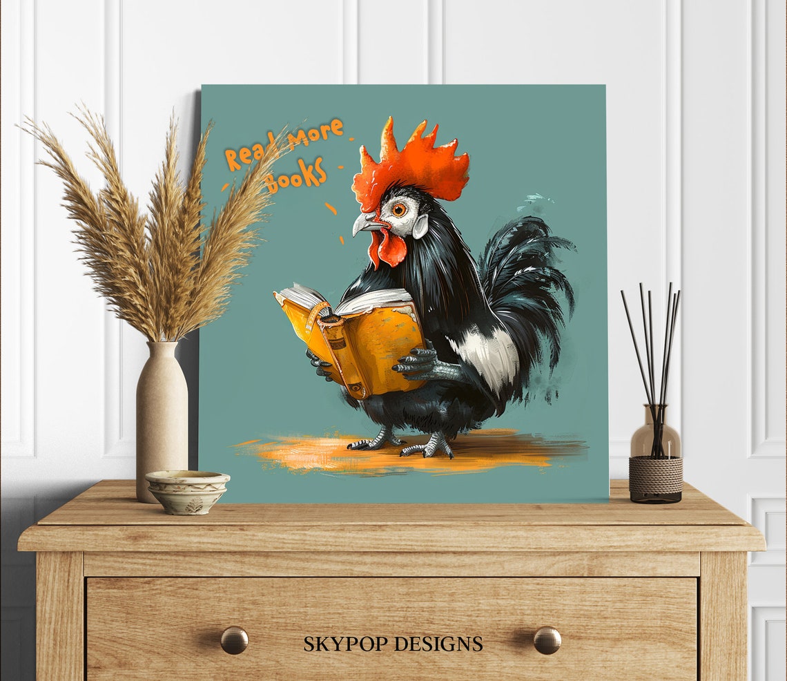 Rooster Reading Book Read More Books Quote Teal Whimsical Poster - Image 2
