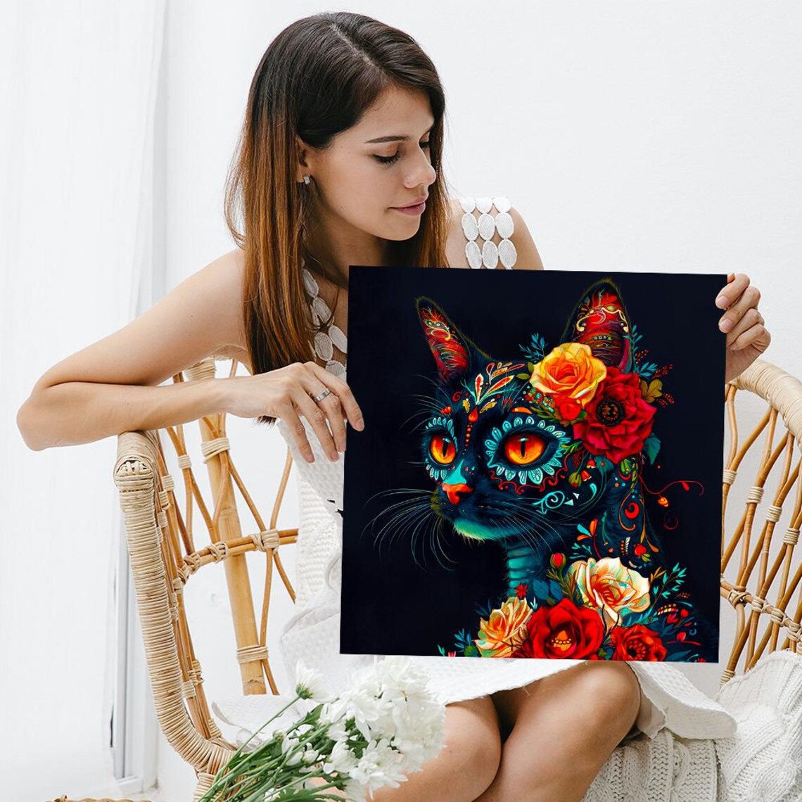 Day of the Dead Sugar Skull Cat Roses Neon Floral Black Background Wall Poster - Image 3