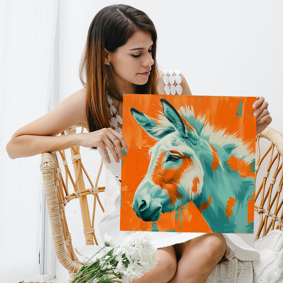Donkey Portrait Teal and Orange Duotone Painterly Rustic Wall Art - Image 3