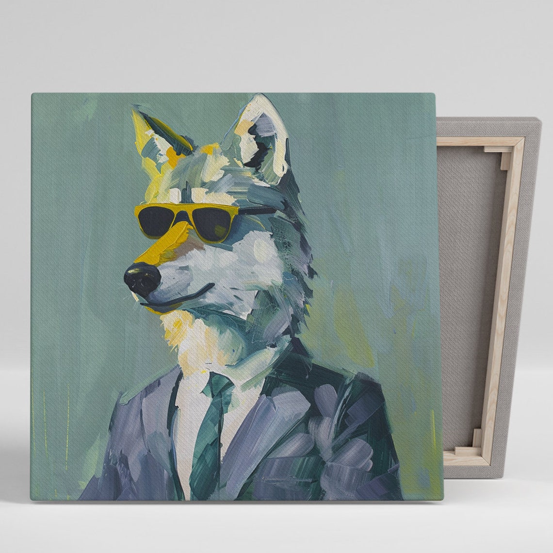 Cool Wolf Wearing Sunglasses Business Suit Portrait Painting Poster