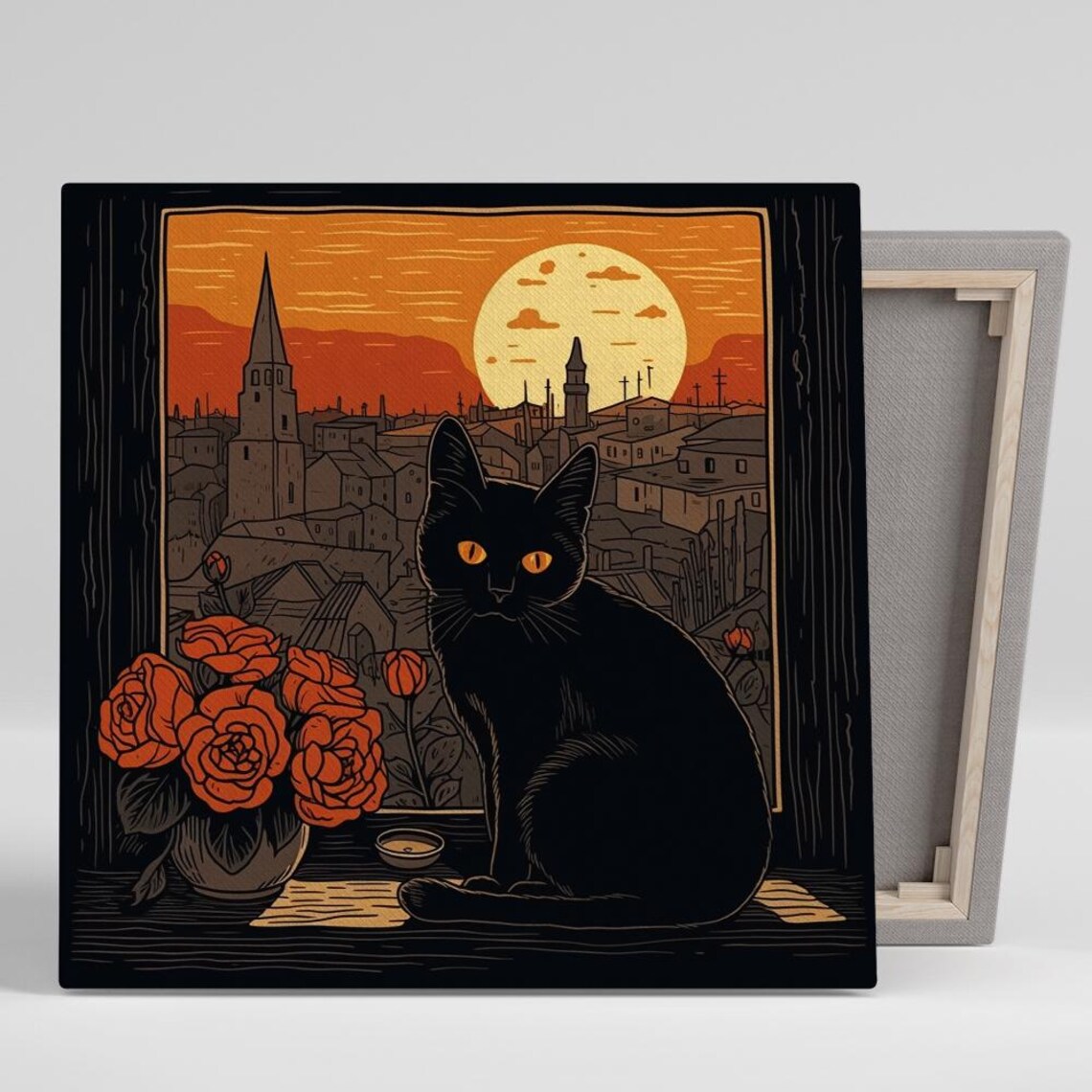 Midnight Cat Guardian Vintage Bohemian Art Print