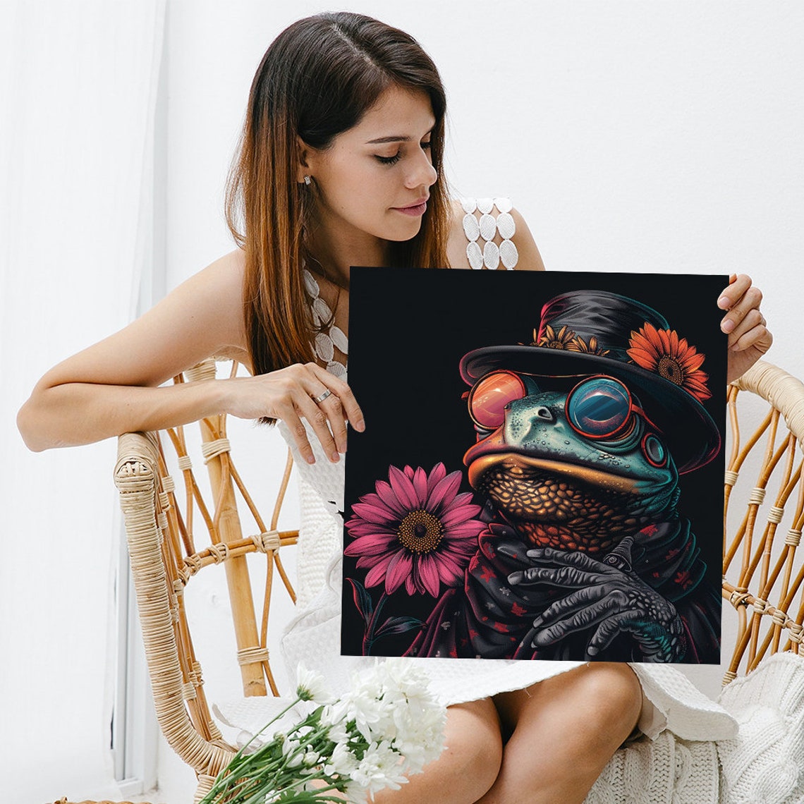 Psychedelic Frog Gentleman Hat Glasses Surreal Dark Wall Poster - Image 3
