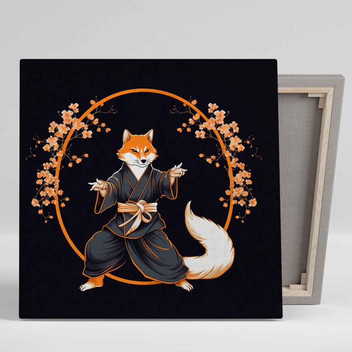 Zen Fox Martial Arts Kimono Cherry Blossom Black Wall Art Poster