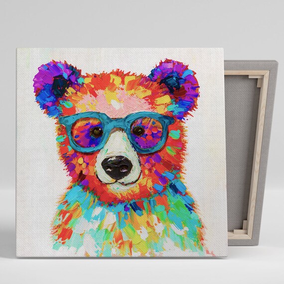 Rainbow Painted Bear Face With Teal Glasses Colorful Whimsical Animal Poster