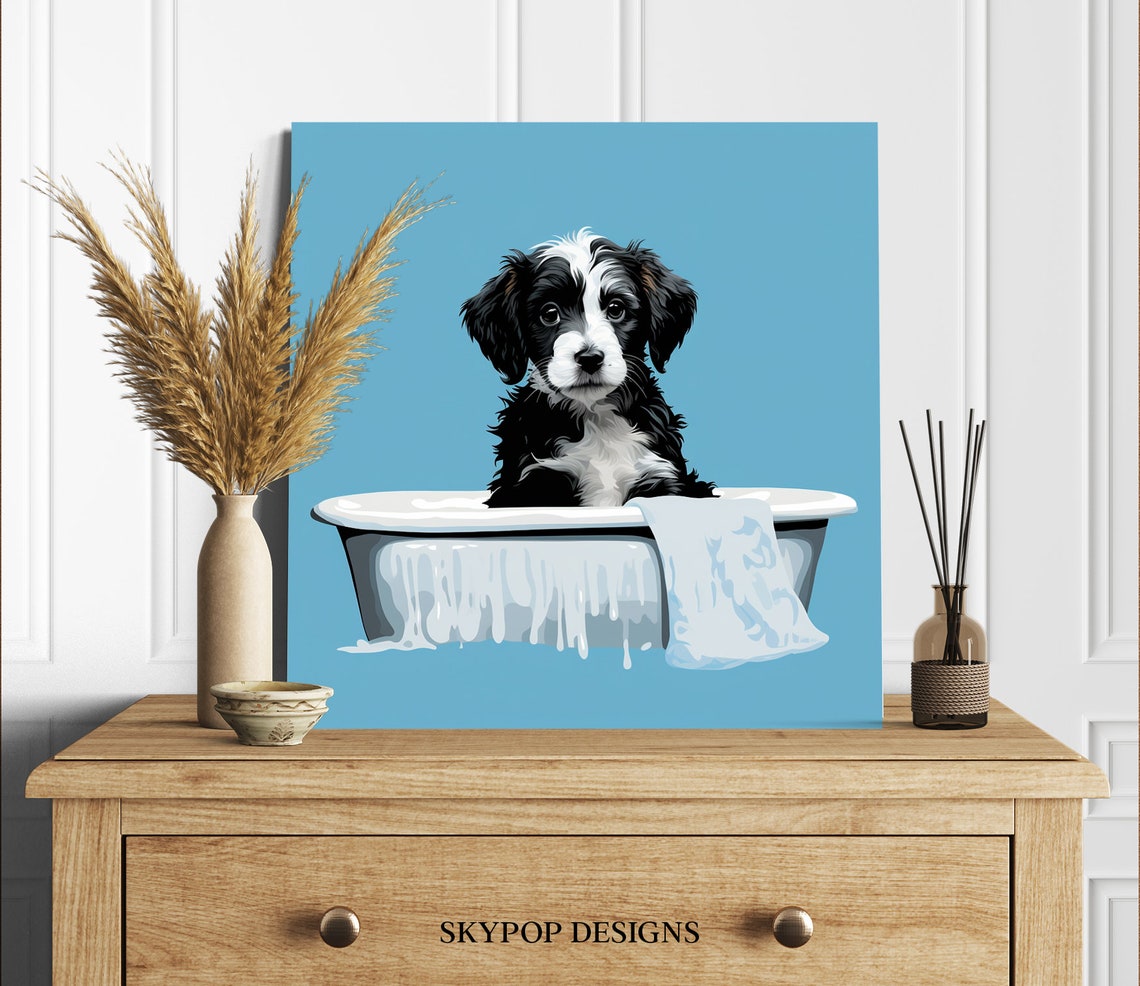 Bathtub Puppy Suds Funny Bath Time Cute Black White Dog Nursery Art - Image 2