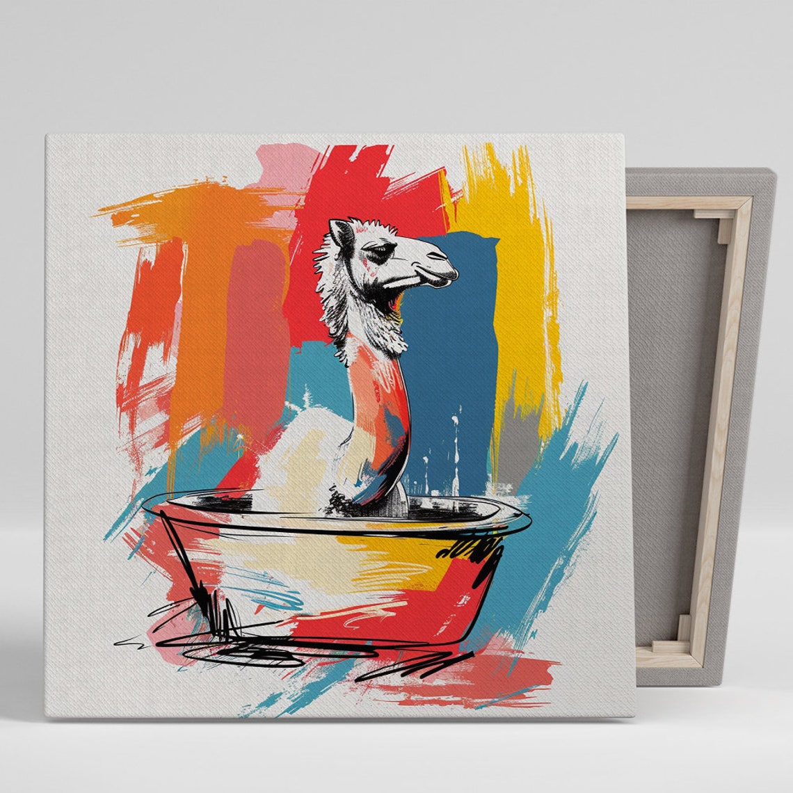 Camel In Bathtub Colorful Whimsical Sketch Bathroom Wall Poster