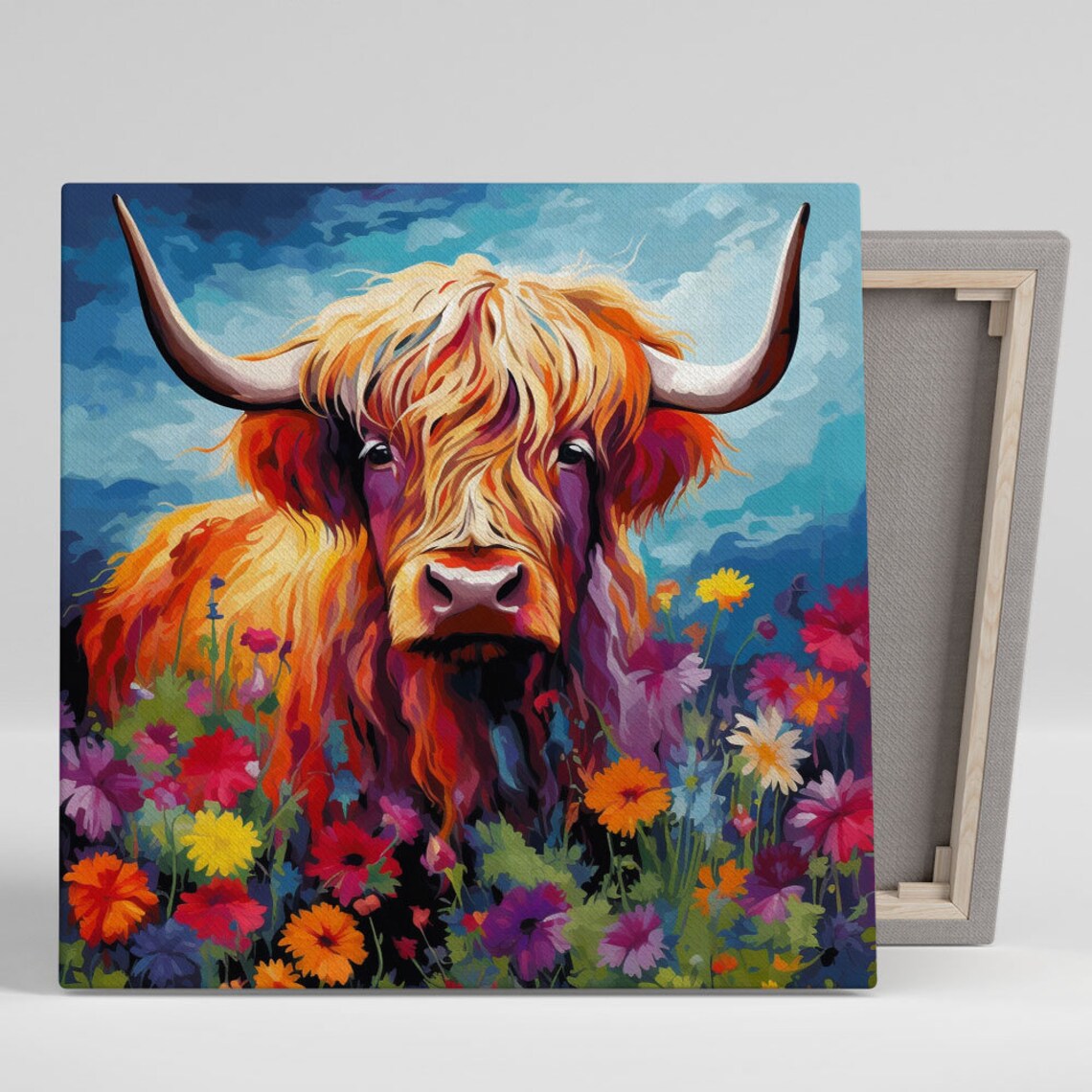 Highland Cow With Flower Art Print, Farm Animal Decor