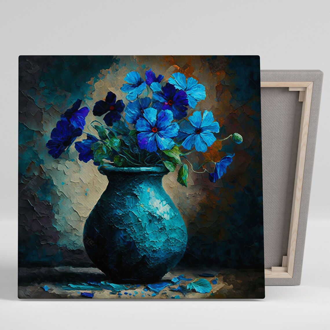 Blue Blossom Bouquet Textured Teal Vase Impasto Moody Floral Poster