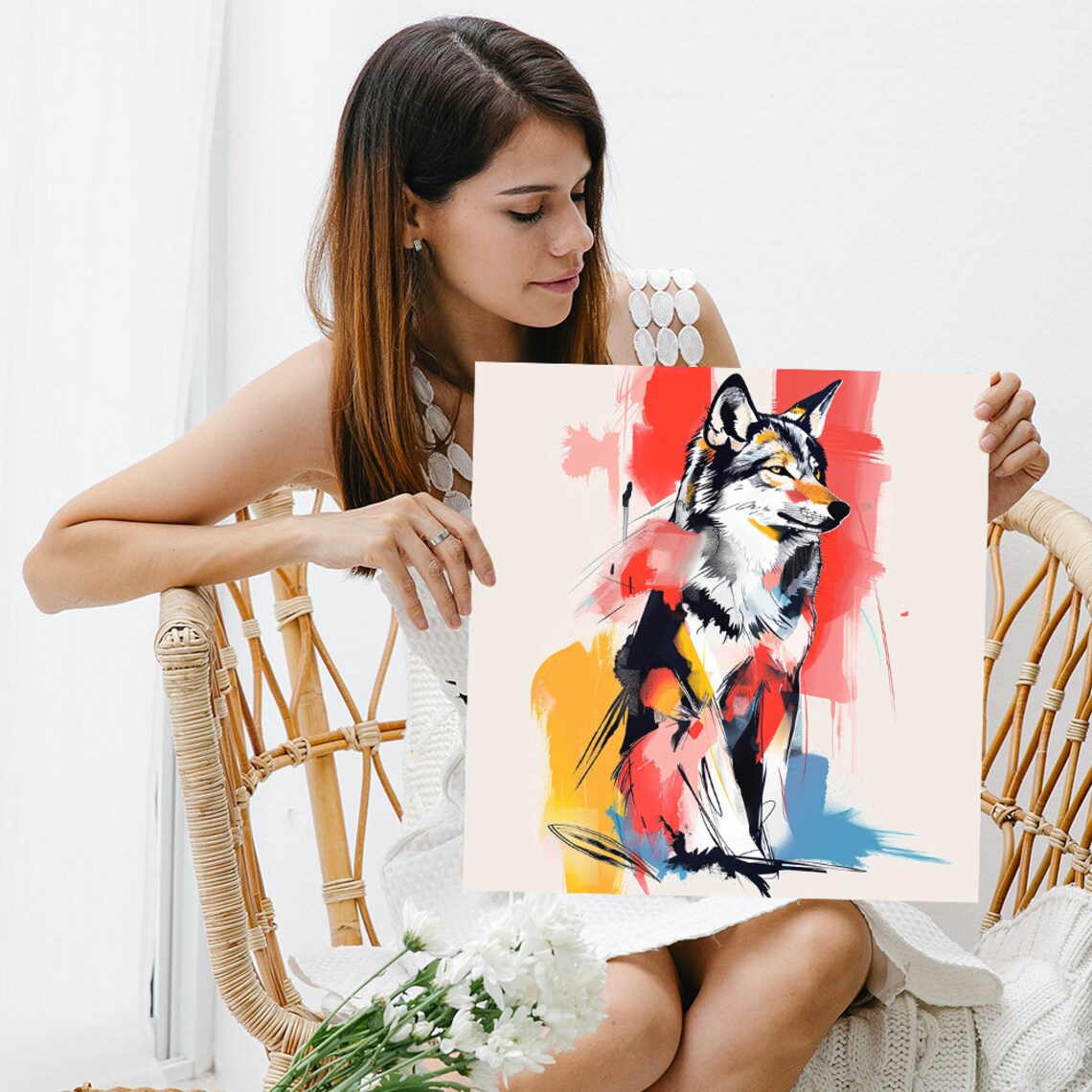 Wolf Head Abstract Watercolor Red Yellow Wild Animal Art Poster - Image 3