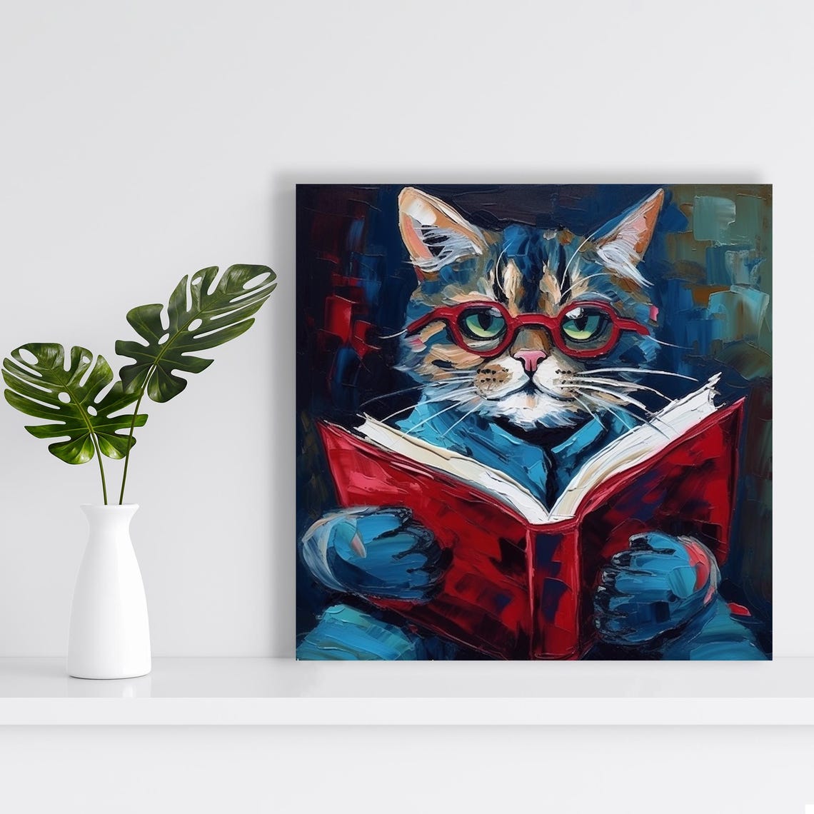 Bookworm Cat With Red Glasses Reading A Red Book Oil Style Poster - Image 2