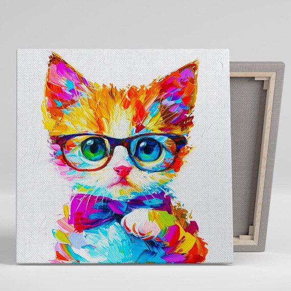 Hipster Kitten with Glasses and Bow Tie Splash Paint Colorful Poster