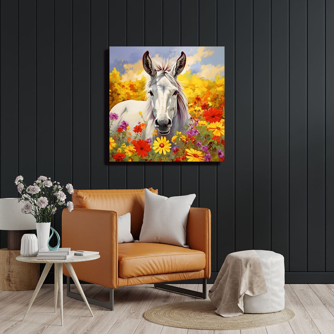 White Donkey In Wildflower Field Sunny Farmhouse Animal Canvas Poster - Image 4