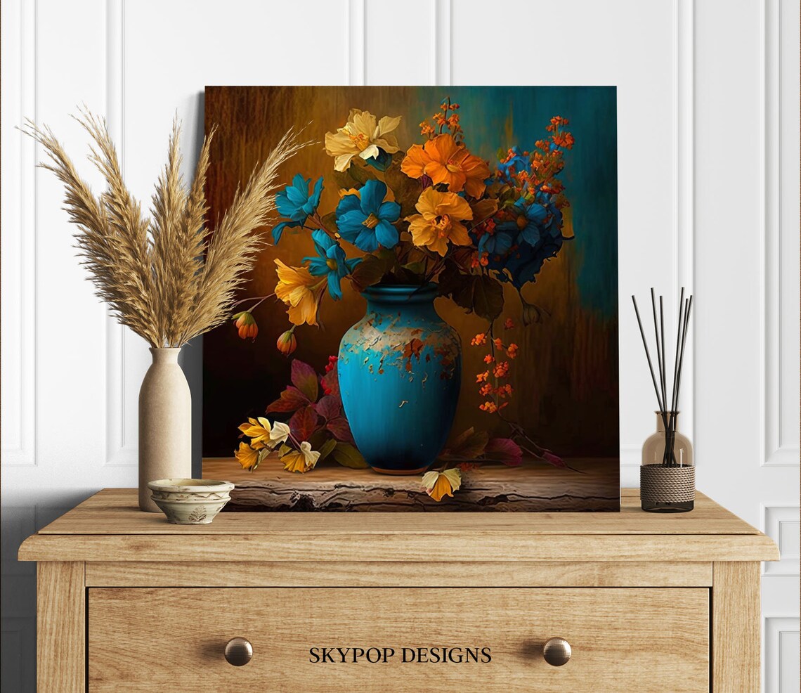 Golden Wildflower Bouquet Turquoise Vase Classic Still Life Art Poster - Image 2