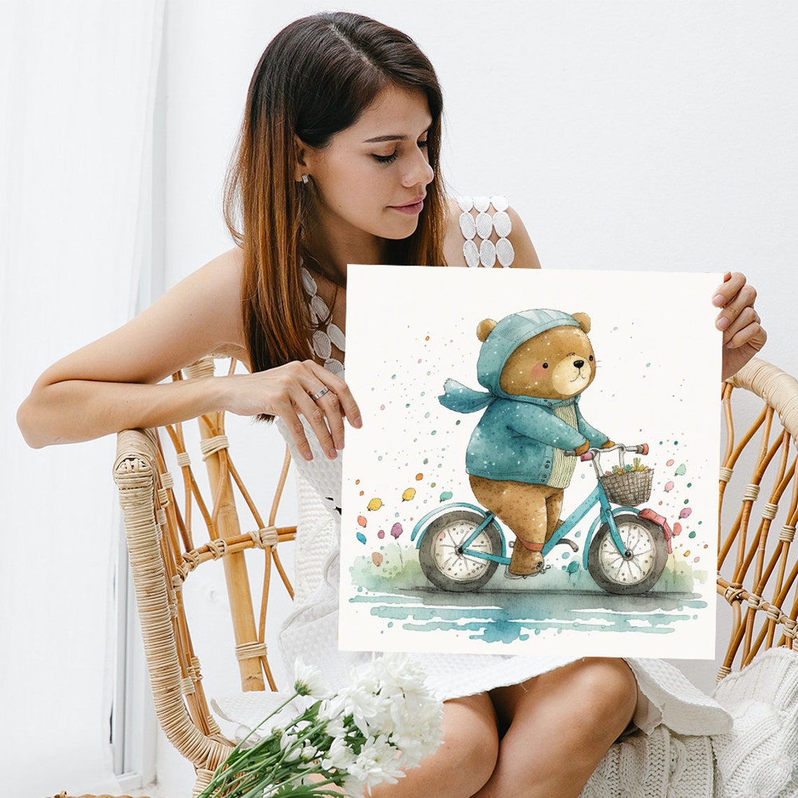 Teddy Bear Riding Blue Bicycle Flower Basket Watercolor Nursery Poster - Image 3