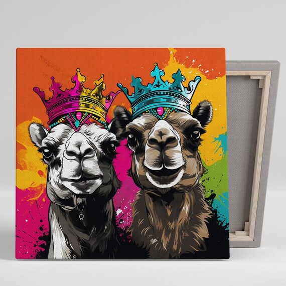 Royal Camel Duo Art Or Poster Whimsical Pop Animal Decor Living Room Office Bedroom Childrens Room Art Pink Blue Orange Yellow